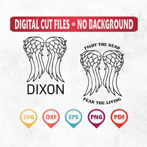 Puede incluir: Archivo de corte digital en blanco y negro de un par de alas de ángel con el texto "Fight the Dead" y "Fear the Living" y la palabra "Dixon" debajo de las alas. El archivo está disponible en los formatos SVG, DXF, EPS, PNG y PDF.
