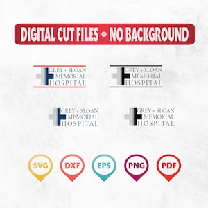 Puede incluir: Archivos de corte digital para un logotipo del Grey Sloan Memorial Hospital en formatos SVG, DXF, EPS, PNG y PDF. El logotipo presenta una cruz estilizada con el nombre del hospital en texto negro.