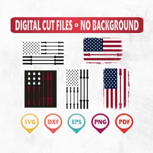 Puede incluir: Archivos de corte digital sin fondo. Cuatro diseños diferentes de una bandera estadounidense con equipo de levantamiento de pesas. Los diseños incluyen una bandera con barras, una bandera con mancuernas, una bandera con pesas rusas y una bandera con una barra y mancuernas. Los archivos están disponibles en los formatos SVG, DXF, EPS, PNG y PDF.