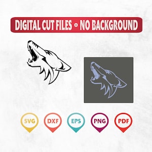 May include: Digital cut files of a howling coyote in black and white. The files are available in SVG, DXF, EPS, PNG, and PDF formats.  DIGITAL CUT FILES - NO BACKGROUND