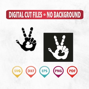 May include: Black and white peace sign graphic with the text "DIGITAL CUT FILES • NO BACKGROUND". Includes SVG, DXF, EPS, PNG, and PDF file type icons. The peace sign is shown in both black and white.