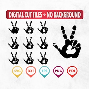 May include: Black digital cut files featuring peace sign hand silhouettes with various symbols, including a paw print, apple, star, plus sign, duck, clover, and text "WAVE DAMMIT". File formats include SVG, DXF, EPS, PNG, and PDF.