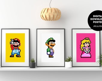 Download Poster Super Mario, Luigi & Princess Peach A4 Set of 3 Poster Prints, Triple of Prints, 3 Piece Wall Art. Retro Gaming Retro Poster
