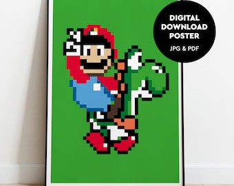 Mario and Yoshi Print Super Mario Retro gaming Poster Download, Mario bedroom poster Mario Yoshi Print PDF & JPG.