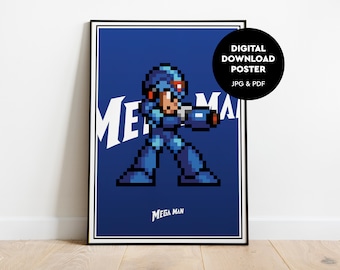 Retro game Mega Man Retro Gaming Digital Download Poster. Rockman Poster Print. Retro Wall Art
