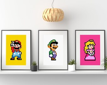 Super Mario, Luigi & Princess Peach A4 Set of 3 Poster Prints, Triple of Prints, 3 Piece Wall Art.