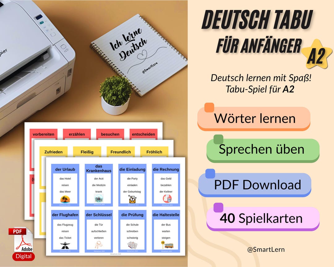 Deutsch Lernen - A2 Tabu Spiel Karten– 40 Wortkarten Für Anfänger (PDF