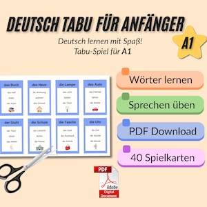 Deutsch Lernen - A1 Tabu Spiel Karten– 40 Wortkarten für Anfänger (PDF)