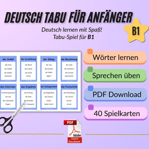 Deutsch lernen - B1 Tabu Spiel Karten - 40 Wortkarten (PDF)
