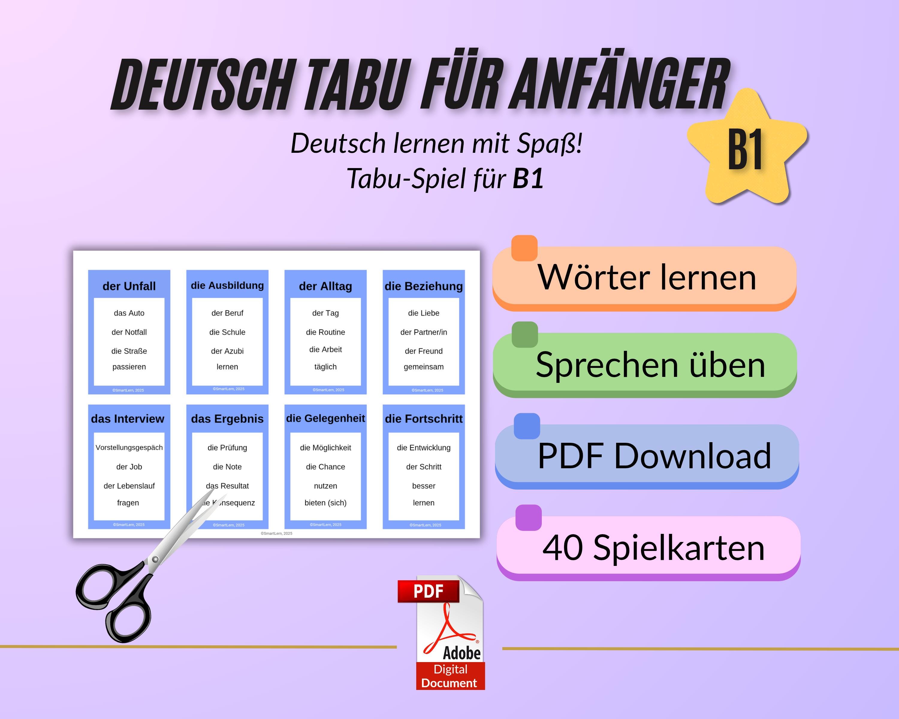 Deutsch Lernen - B1 Tabu Spiel Karten - 40 Wortkarten (PDF) - Etsy