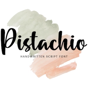 May include: A handwritten script font called "Pistachio" displayed on a watercolor background with green and peach tones.