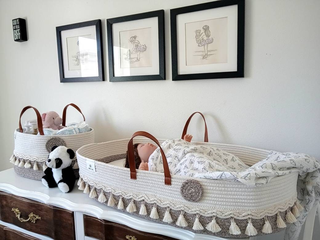 Trendy Baby Changing Basket- Unisex Baby Moses Basket Set of 4 Pieces,  Waterproof Pad Cover, Caddy Diaper Organizer,Cotton Blanket - Boho Basket 