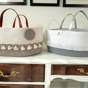 Large Diaper Caddy Organizer/ Nursery Storage Bin/ Portable Diaper Storage Basket for Changing Table and Car/ Grey & White/Brown+Off White