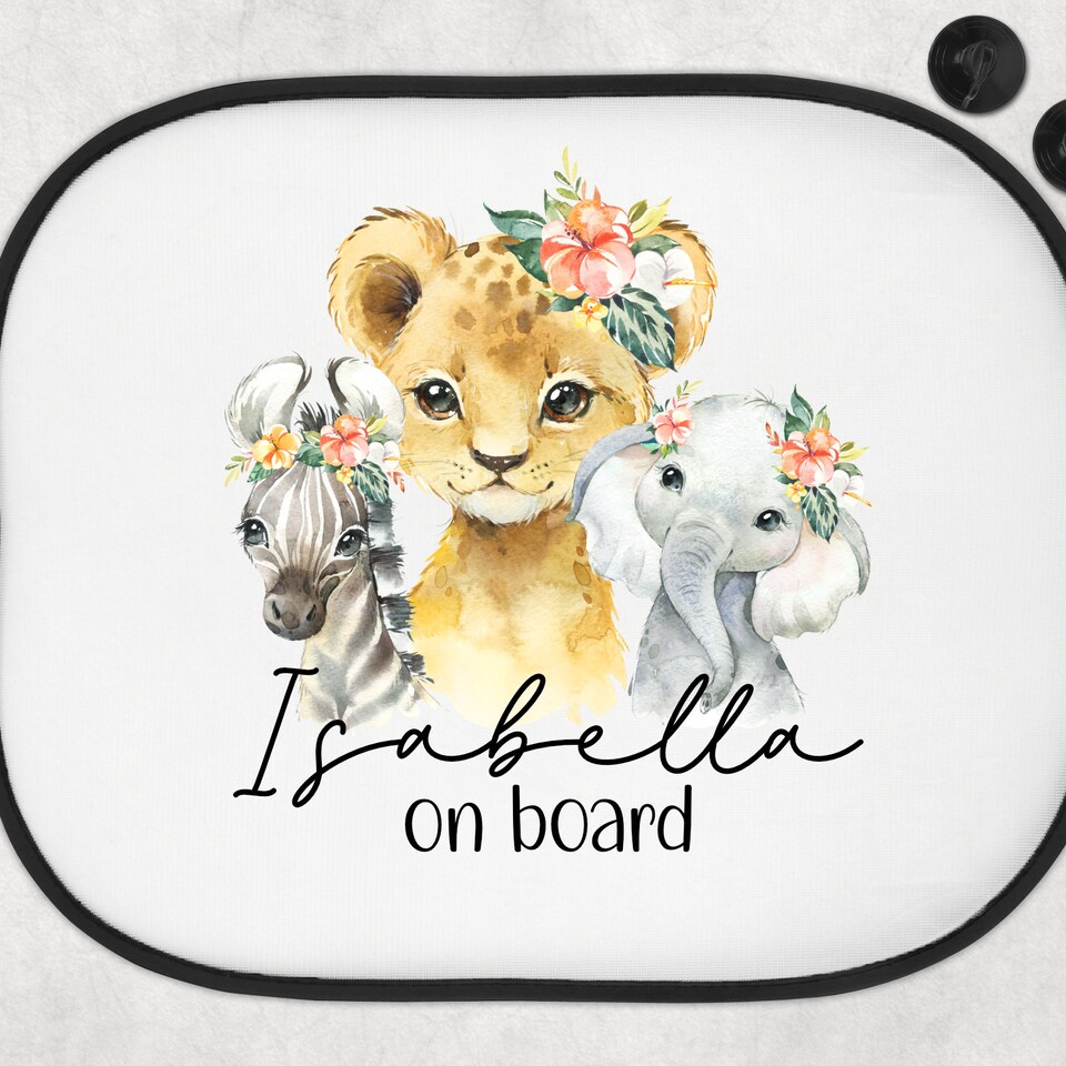 Personalised Car Sun Shade Animals, Child On Board Sign, Car Child Sun