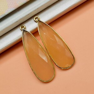 Peach Moonstone 10x30mm Pear Shape Bezels,Peach Moonstone Teardrop Connector, Brass Gold Plated bezel, Natural Peach Moonstone Pendant Gift
