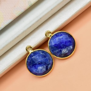 Natural Blue Sapphire 12mm Round Shape Single bail connector,Sapphire Round Gold Plated bezel,Jewelry making charms,Sapphire Brass connector