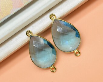 Lot De 5 Connecteurs Pendentifs Topaze Bleue - 22x11mm, Forme Goutte, Plaqué Or 18 Carats, Inde