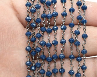 Cadena de cuentas de ágata azul de 3 mm, cadenas de rosario de ágata azul, cadena de alambre de rodio negro de ágata azul, cadena de latón, cadena para hacer joyas, cadena de rosario