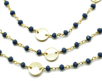 Cadena de cuentas de ágata azul de 3 mm, cadenas de rosario de ágata azul, cadena de alambre chapada en oro de ágata azul, cadena de latón, cadena para hacer joyas, cadena de rosario