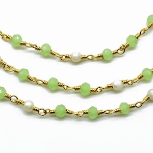 Prehnite Chalcedony With Pearl 3mm To 3.5mm Rondelle Shape Bead Rosary,Prehnite Pearl Beads Link Chain,Prehnite Handmade beaded chain,Gift