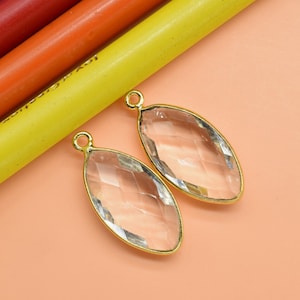 Natural Crystal Quartz 10x20mm Marquise shape charm,Crystal Quartz Bezels Charms Connector,Crystal Pendant Gold Plated Single Bail Jewelry