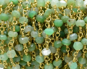Corrente de contas de crisópraso de 3 mm, corrente de rosário banhada a ouro com fio enrolado em latão, correntes de rosário com contas, correntes para fabricação de joias artesanais