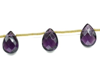 Briolette longo de quartzo ametista com formato de pera de 7 x 10 mm, conta facetada de quartzo roxo, briolette em forma de lágrima de ametista, joia com pedra de nascimento de fevereiro em ametista