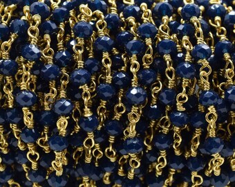 Blauer Saphir 3 mm bis 3,5 mm Rondelle Form Perlen Rosenkranz, Blauer Saphir Rosenkranz Kette, Vergoldeter Wire Wrap Kette, Blauer Saphir Messingketten