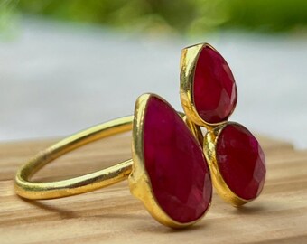 Pierres précieuses naturelles rubis bague/bague plaqué or/bague trois pierres/alliance/bague réglable/bague de déclaration/bague de pierre gemme faite main/cadeau d'anniversaire