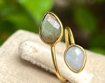 Natürlicher Labradorit Ring/Vergoldeter Ring/Doppelstein Ring/Statement Ring/Handgefertigter Edelstein Ring/Mondstein Ring/Verstellbarer Ring/B'day Geschenk