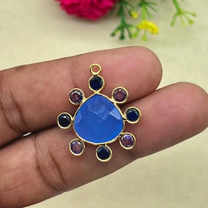 Connettore in calcedonio blu / Ciondolo a forma di cuore da 14 mm / Connettore con pietre preziose fatto a mano / / Ciondoli in zirconia cubica / Ciondoli blu / Gioielli da sposa / Regalo