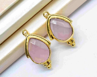 Rose Quartz 9x13mm Bezel Connectors,Rose Quartz jewelry making charm,Dual Bail connectors,Teardrop Shape Gold Plated bezel,Pink Quartz Bezel