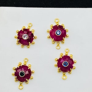 Luxurious Ruby Sunburst Connector Charms/Center Sparkle Round Zircon/Gemstone Inlay Round Pendant/Handmade Necklace Pendant DIY Jewelry Gift