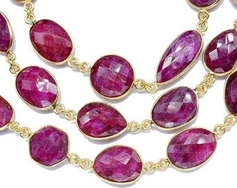 Conectores de forma libre de rubí natural facetado, cadena de bisel dorado, cadena de eslabones hecha a mano con conector de piedras preciosas, cadena de conector de rubí para fabricación de joyas