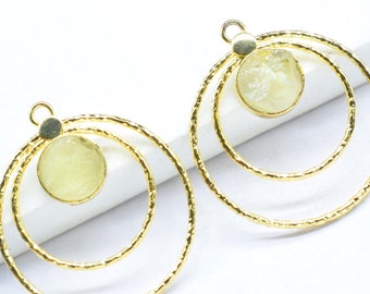 Raw Lemon Quartz Round Bezel Connector/designer Bezel/Raw Lemon Quartz Earring/Lemon Quart/Rough Gemstone Necklace Pendant/Jewelry Findings