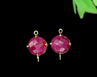 Ruby Faceted Gemstone 12mm Round Shape Connector,Ruby Gemstone Double Loop Connector Pendant Jewelry,Ruby Gemstone Connector Jewelry Making