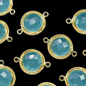Aqua Chalcedony 10mm Round shape double bail Pendant connectors,Aqua Chalcedony Gemstone Faceted connectors,Aqua Gold Plating bezels Jewelry