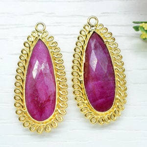Ruby 10x30mm Teardrop Bezel Charm,Single Bail Pendant,long charm,Gemstone Brass Component,Handmade Jewellery Connectors,B&#39;day Gift