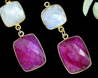 Pendentif en rubis naturel, boucle d'oreille pendante multi-pierres, connecteur de pierres précieuses, bijoux pendentif carrée, pendentif arc-en-ciel