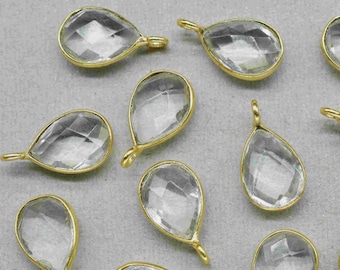 Natural Crystal Quartz 7x10mm Pear Shape charm,Quartz Bezel Charms Connector,Crystal Quartz Pendant Gold Plating Single Bail Jewelry,Gift