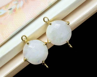Rainbow Moonstone 12mm Round Shape Connector,Rainbow Gemstone Gold Plating Pendants,Moonstone Double loop Connector Jewelry making,Gift