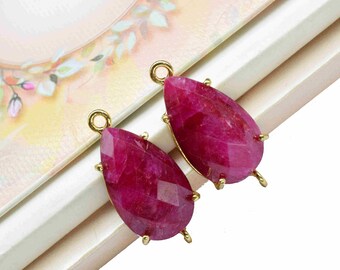 Natural Ruby Faceted 12x20mm Pear Shape Connector,Ruby Gemstone Double Loop Connector Pendant,Ruby Gemstone Connector Jewelry Making, Gift