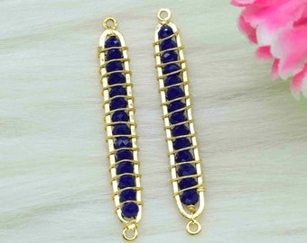 Lapis lazuli-kwarts facetkralen 6,5 x 46 mm staafvorm connector, edelsteen enkele lus connector, lapis draadgewikkelde vergulde hanger sieraden