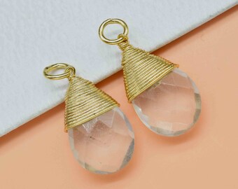 Crystal Quartz Faceted 10x18mm Pear Shape Connecctor,Crystal Quartz Gold Plating Pendant,Crystal Quartz Wire Wrapped Pendant Jewelry,Gift
