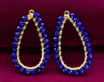 Lapis lazuli-kwarts facetkralen 22 x 35 mm peervorm draadgewikkelde connector, edelsteen enkele lus connector, lapis vergulde hanger sieraden