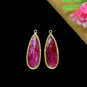 Ruby Gemstone 10x30mm Teardrop Shape Connector,Ruby Handmade Connector Jewelry,Ruby Charms Jewelry,Ruby Gold Plating Charms Connectors,Gift