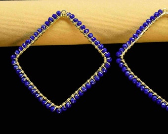 Lapis lazuli gefacetteerde edelsteen 60 mm kussenvorm connectoren, edelsteen enkele lus connector, lapis draadgewikkelde vergulde hanger sieraden