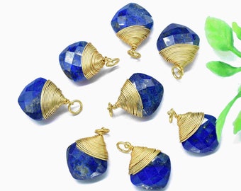 Natuurlijke lapis lazuli 12 mm kussenvorm draadgewikkelde connector, lapis edelsteen enkele lus connector, lapis lazuli vergulde hanger sieraden