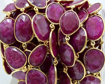 Cadena de bisel de forma libre con piedra preciosa de rubí natural, cadena de eslabones con bisel de rubí, cadena de eslabones de rubí hecha a mano, cadena de conector de rubí para fabricación de joyas, regalo