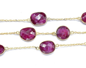 Conectores de forma libre facetados de rubí, cadena de bisel dorado, cadena de eslabones hecha a mano con conector de piedra preciosa de rubí, cadena de conector de rubí para fabricación de joyas, regalo